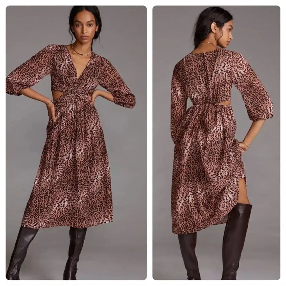Anthropologie Ranna Gill Leopard Print Cut-Out Midi Dress Size M